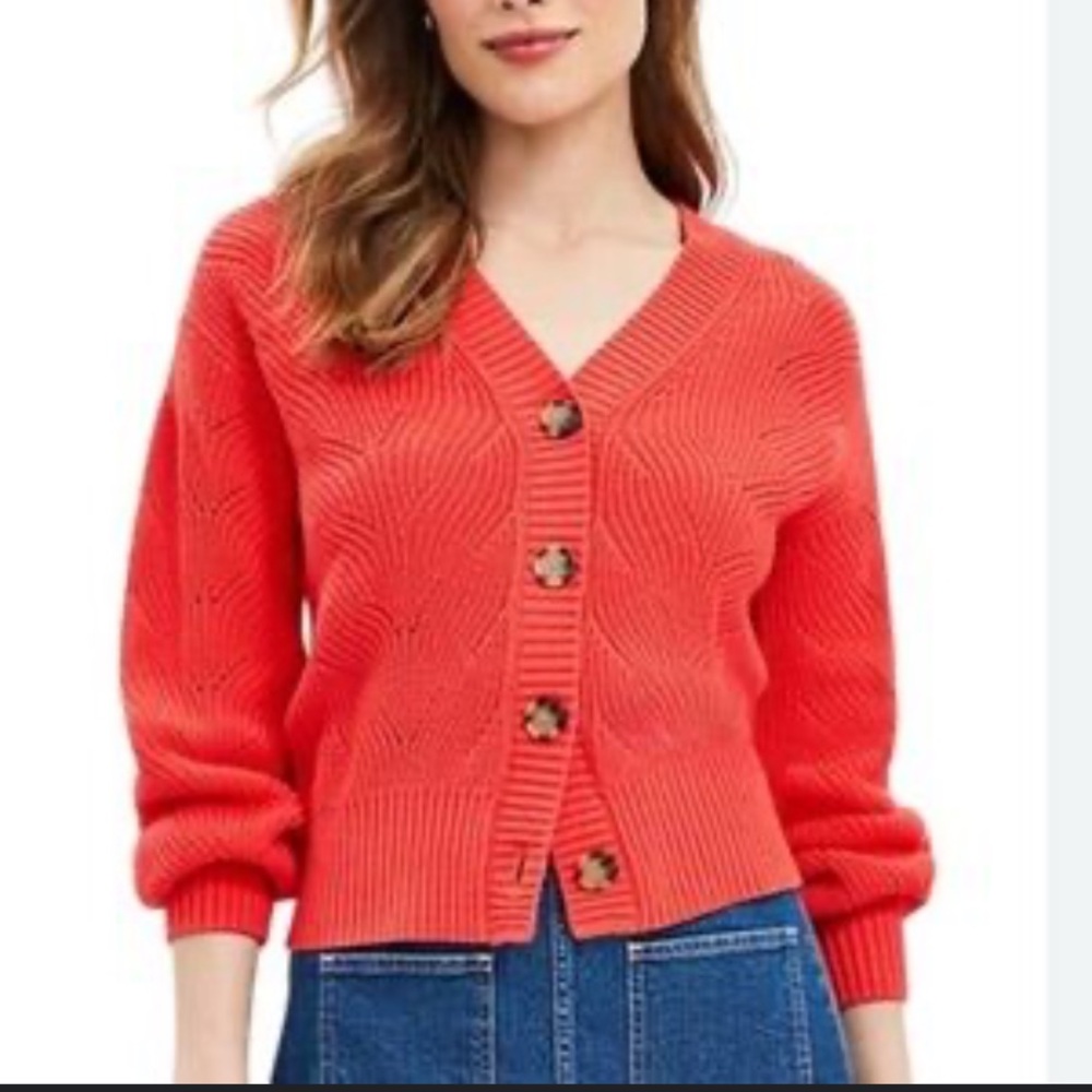 NWT New LOFT Pointelle Coral-Orange Button-Up Cardigan Sweater Cotton L Large